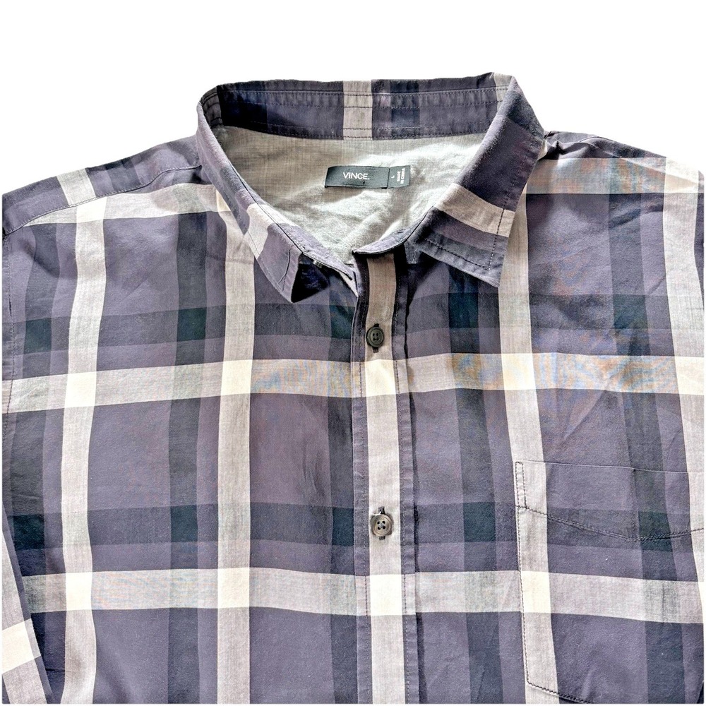 Vince Plaid Button Down Shirt Mens L Gray Black Long Sleeve Casual Designer